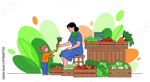 Wholesome Market Scene: A Mother Sharing Fresh Vegetables With Her Child Demonstrating Food