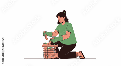 Woman Arranging Soiled Laundry In Basket With Protective Gloves Detailed Illustration