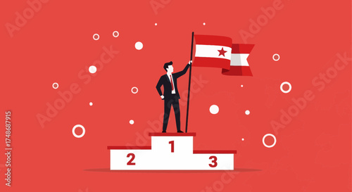 Winner Celebrates Achievement and Success While Waving Flag on a Podium of Victory