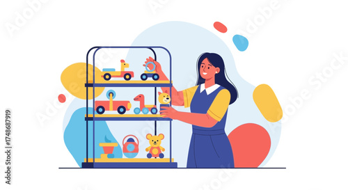 Woman Arranging Toys On A Display Showcase With Bright Colorful Shapes Vector Illustration