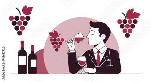 Wine Tasting Illustration Showing a Sommelier Sampling the Aroma of Red Wine
