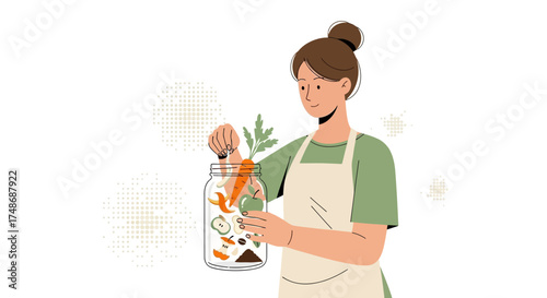 Woman Arranging Vegetable Scraps in a Jar for Composting and Sustainable Practices