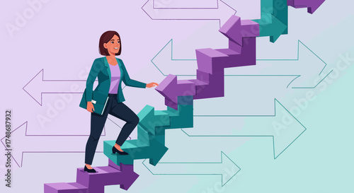Woman Ascending Arrow Stairs, Representing Career Progress and Personal Growth Strategy