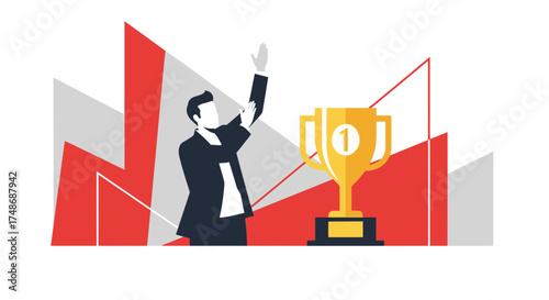 Winner celebrating success in business vector illustration with a trophy achieving