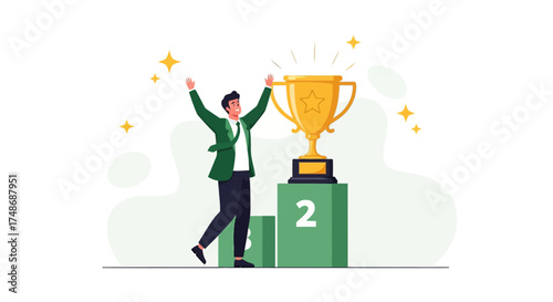 Winner celebrating: A person rejoicing beside a trophy, success concept