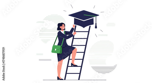 Woman Ascending Ladder Towards a Mortarboard to Symbolize Education and Achievement