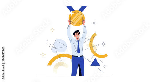 Winner Holding a Gold Medal Celebrating Achieving Success and Victory in Business