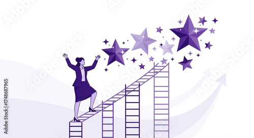 Woman Ascending Ladder To Reach Stars, Symbolizing Success, Achievement, And Ambition
