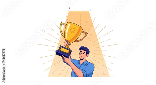 Winner holding trophy celebrating victory vector illustration isolated on white background