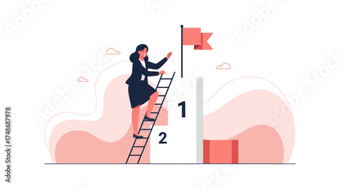 Woman Ascending Ladder towards Success Reaching the Goal and Achieving the Victory
