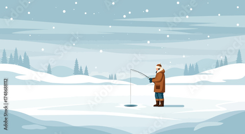Winter Landscape with Ice Fishing Illustration of a Man Fishing for Recreation