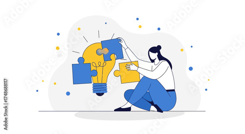 Woman Assembling Puzzle Pieces Into A Lightbulb Symbolizing Brilliant Solutions