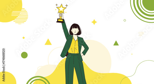 Winning Woman Holding Trophy And Shining Brightly Celebrates Success In Business Victory