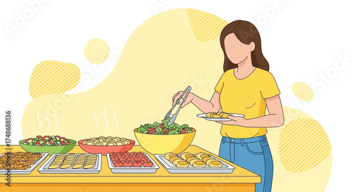 Woman at a buffet serving food at a party, celebrating a event or gathering of people