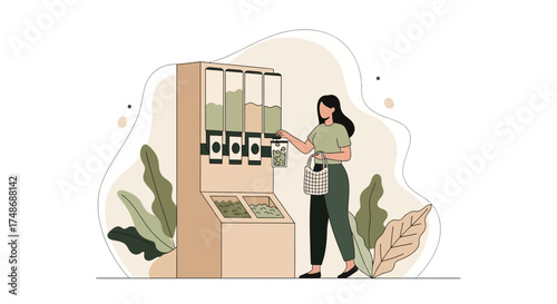 Woman at a zero waste store filling a jar with sustainable dry goods illustration