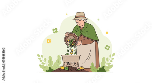 Wise Woman Composting Food Scraps Into a Soil Pile in a Peaceful Illustration