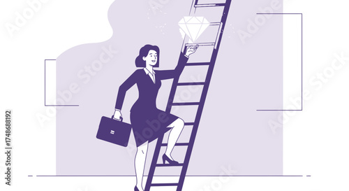 Woman Achieves Success: Climbing Ladder Towards Diamond, Representing Goals and Ambition