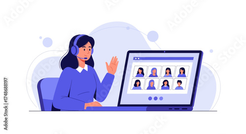 Woman Attending Video Conference Call on Laptop with Colleagues Illustration