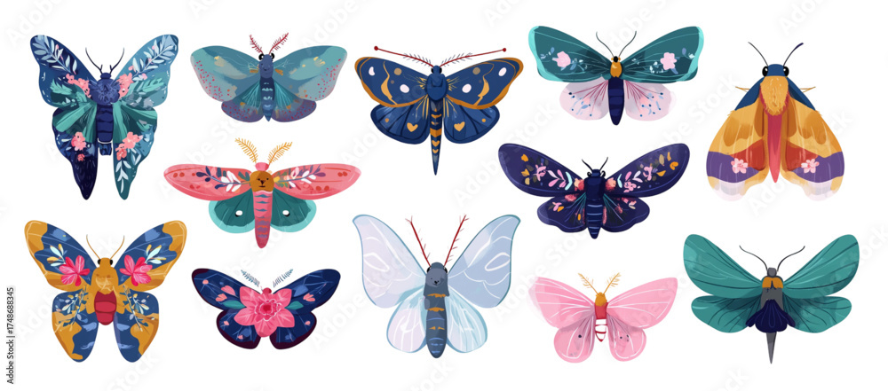 Fototapeta premium Artistic set of twelve colorful butterfly and moth illustrations.