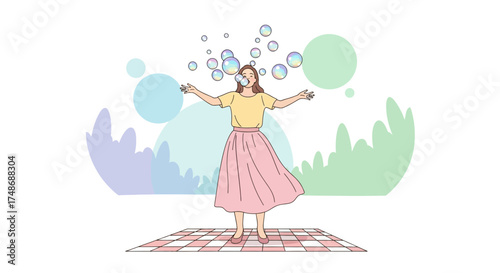 Woman blowing bubbles in an artistic illustration, expressing joy and happiness in simplicity