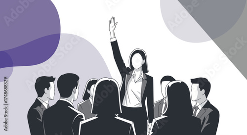 Woman Addressing a Group Raising Her Hand, Business Illustration and Leadership Concept
