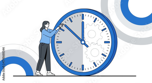 Woman adjusting the hands of a large clock, representing time management and productivity