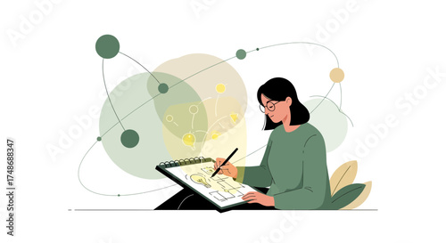 Woman brainstorming creative ideas by drawing on a notepad inspiration concept design