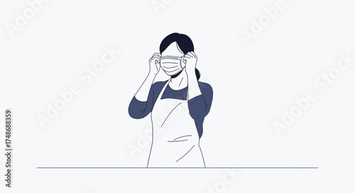Woman Adjusting Mask Depicts Health, Safety And Protection, Modern Line Art Illustration