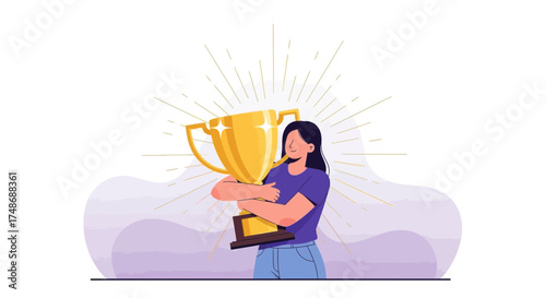 Woman Admires Golden Trophy Representing Success and Achievement with Joyful Radiance