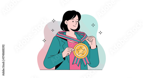 Woman Adorned With Gold Medal Symbolizes Success And Outstanding Achievement