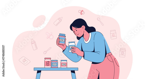 Woman Carefully Examining Jarred Baby Food, Focused on Nutritional Content and Product Quality