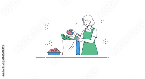 Woman Carefully Packing Groceries From Shopping Bag After The Food Market Visit