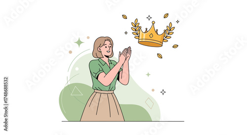 Woman Applauding Success Of Gold Crown Achievement, Success Symbol, Winner And Pride