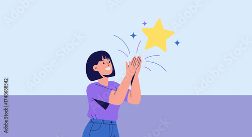 Woman Applauding Success Under Bright Star: Achievement, Celebration, and Happiness
