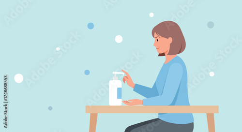 Woman Applying Hand Sanitizer from Dispenser, Maintaining Cleanliness with Protective Measures