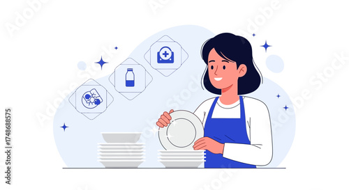 Woman Caring For Plates And Dishes Depicted In Minimalist Illustration Style