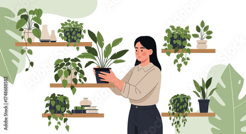 Woman caring for plants, gardening and home decoration, lifestyle with plants inside the house