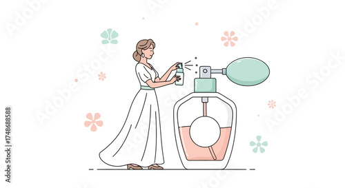 Woman applying perfume from a large bottle, illustration on a white background