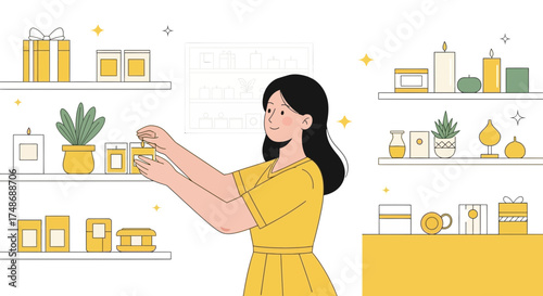 Woman Arranging Aroma Candles On Shelf, Illustration Of Home Decor And Wellness