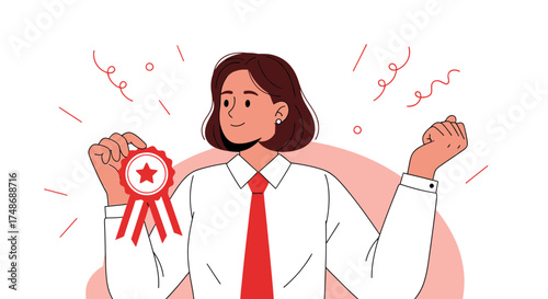 Woman Celebrates Achievement Holding An Award Ribbon In Colorful Minimal Illustration Style