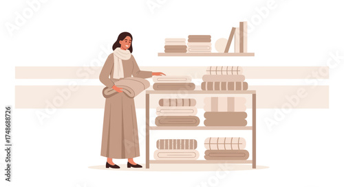 Woman Arranging Clothes on a Shelf in a Room in a Warm and Elegant Style