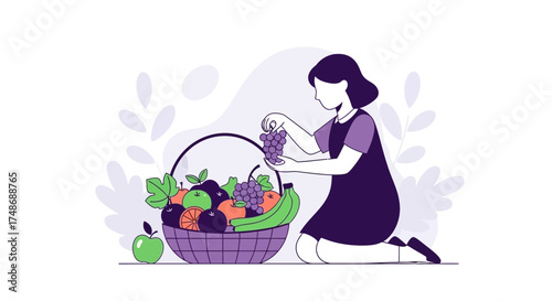 Woman Arranging Colorful Fruits in Basket, Fresh Produce, Healthy Eating, Modern Illustration