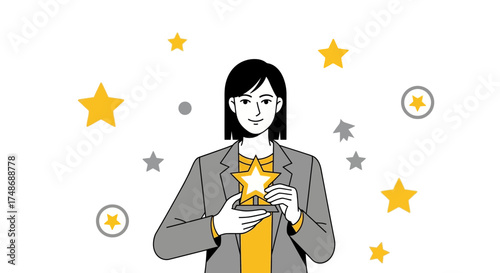 Woman Celebrates Achievement Holding Star Trophy, Symbolic of Success and Recognition