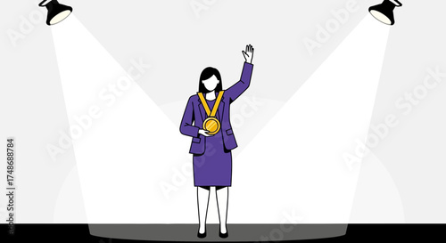 Woman Celebrates Achievement Under Spotlight With Gold Medal Depicting Success And Winning