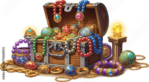 Open treasure chest with gold jewelry, colorful gems, crown, goblet, glowing gem, fantasy wealth illustration, adventure loot concept