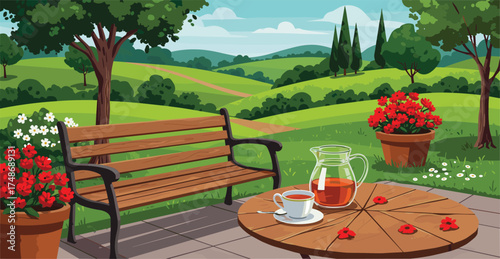 Outdoor garden patio with wooden bench, round table, tea setup, flower pots, scenic nature view, peaceful relaxation environment