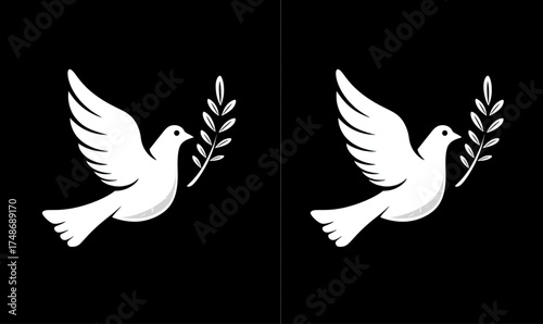 White dove of peace flying with an olive branch illustration.