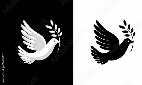 Elegant dove of peace silhouette with olive branch vector icon.