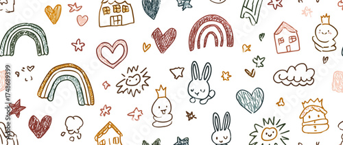 Childlike doodle seamless pattern with cute hand drawn elements.