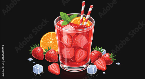 Refreshing red fruit drink with strawberries, orange slice, mint garnish, ice cubes, striped straws, vibrant summer beverage on black background